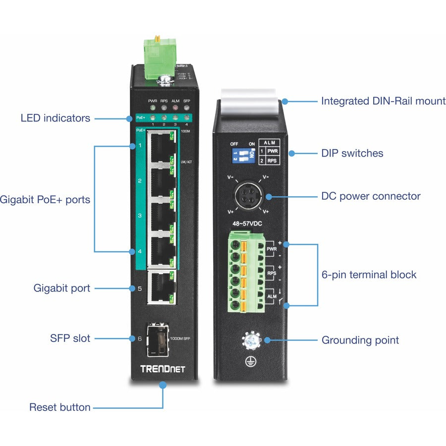 TRENDnet Commutateur rail DIN administrable Gigabit Poe+ couche 2 industriel renforcé à 6 ports, 4 ports Gigabit PoE+ 802.3at, 1 x port Gigabit, 1 x emplacement SFP Gigabit, budget d'alimentation 120 W, noir, TI-PG541i TI-PG541i