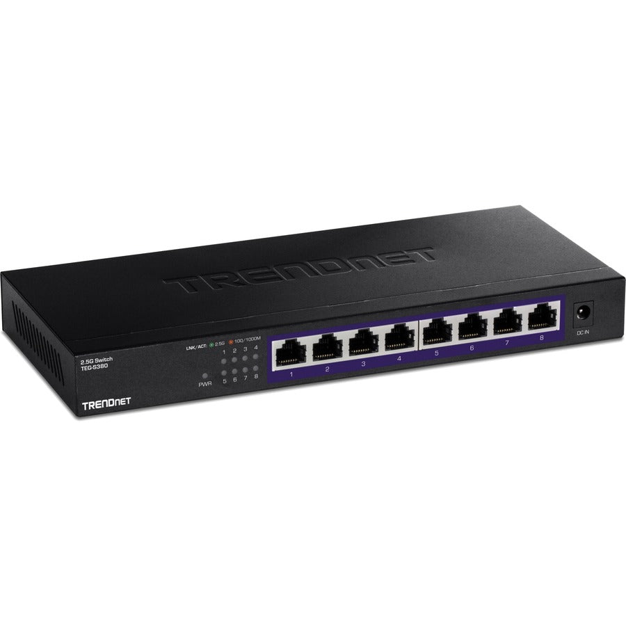 TRENDnet 8-Port Unmanaged 2.5G Switch, 8 x 2.5GBASE-T Ports, 40Gbps Switching Capacity, Backwards Compatible with 10-100-1000Mbps Devices, Fanless, Wall Mountable, Black, TEG-S380 TEG-S380