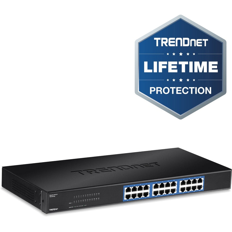 TRENDnet 24-Port Unmanaged Gigabit 10/100/1000 Mbps GREENnet Switch, 24 x Gigabit RJ-45 Ports, 48 Gbps Switch Fabric, Fanless, Metal Housing, Rack Mountable, Lifetime Protection, Black, TEG-S24G TEG-S24g