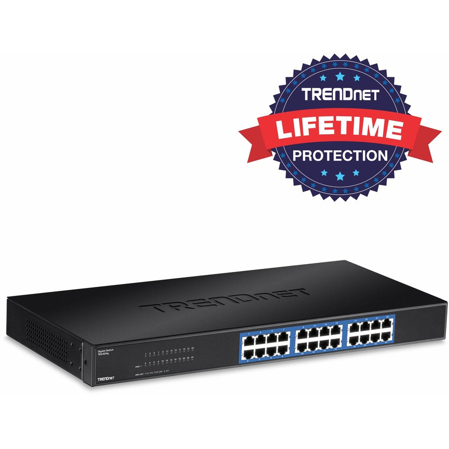 TRENDnet 24-Port Unmanaged Gigabit 10/100/1000 Mbps GREENnet Switch, 24 x Gigabit RJ-45 Ports, 48 Gbps Switch Fabric, Fanless, Metal Housing, Rack Mountable, Lifetime Protection, Black, TEG-S24G TEG-S24g