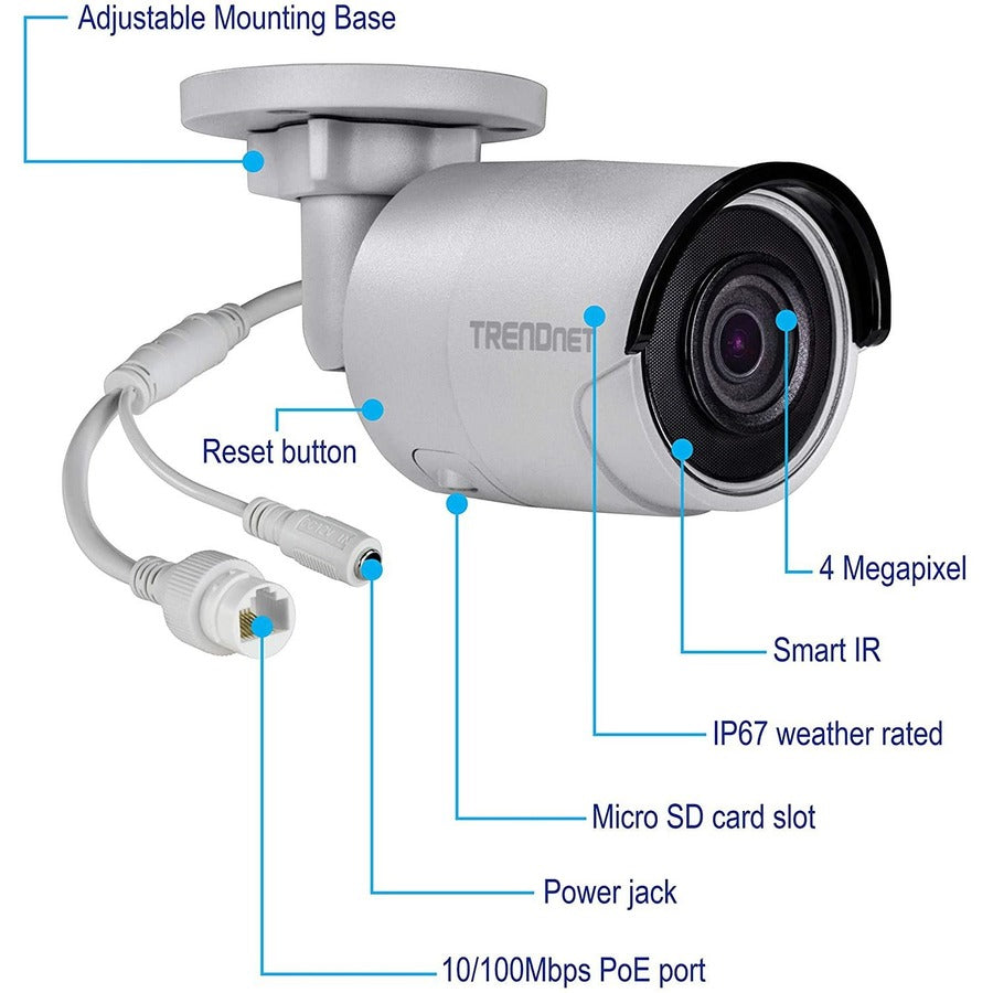 TRENDnet Indoor-Outdoor 4 Megapixel HD PoE Bullet Style Day-Night Network Camera, Digital WDR, 2688 x 1520p, Smart IR, IP66 Rated Housing, Up To 100ft Night Vision, ONVIF, IPv6, White, TV-IP314PI TV-IP1314PI