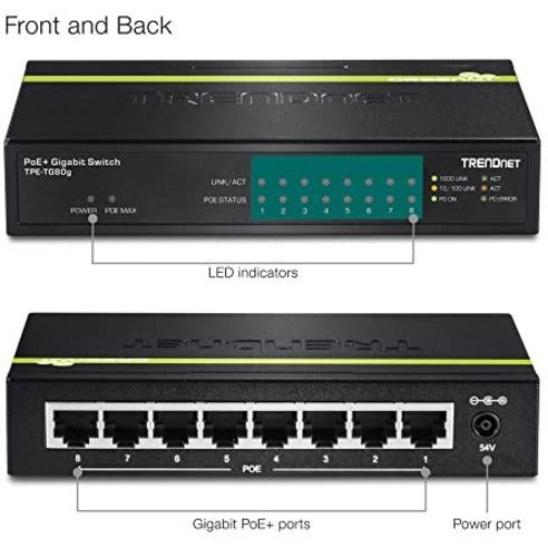 TRENDnet Switch Gigabit PoE+ 8 ports, 8 ports Gigabit PoE+, budget d'alimentation PoE 123 W, capacité de commutation 16 Gbit/s, commutateur de bureau, commutateur réseau Ethernet, métal, protection à vie, noir, TPE-TG80G TPE-TG80G