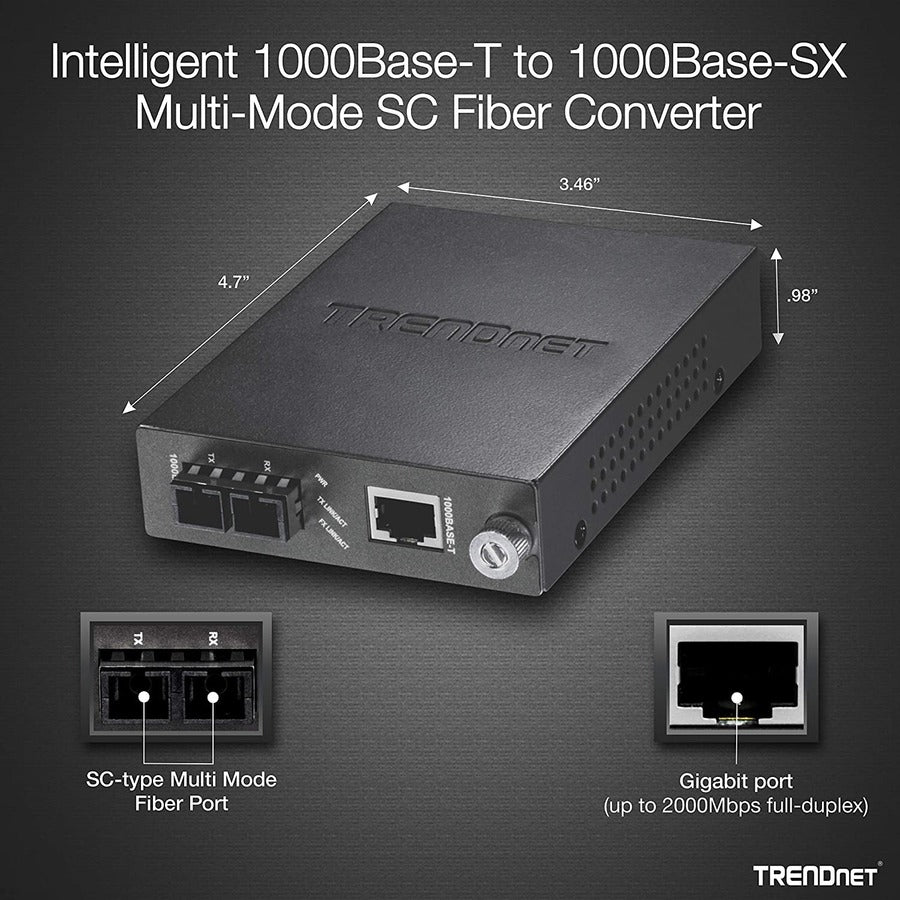 TRENDnet Convertisseur de média fibre SC multimode intelligent 1000Base-T vers 1000Base-SX, jusqu'à 550 m (1 800 pieds), convertisseur fibre vers Ethernet, capacité de commutation 2 Gbit/s, protection à vie, noir, TFC-1000MSC TFC-1000MSC