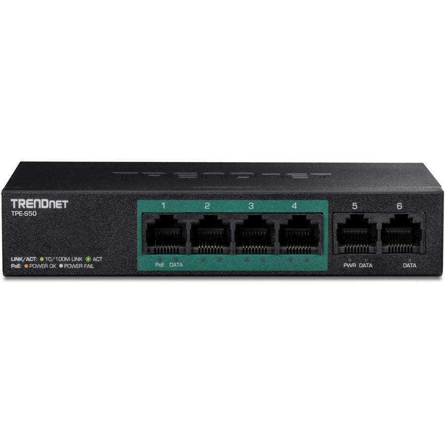 TRENDnet 6-Port Fast Ethernet PoE+ Switch, 4 x Fast Ethernet PoE Ports, 2 x Fast Ethernet Ports, 60W PoE Budget, 1.2 Gbps Switch Capacity, Metal, Lifetime Protection, Black, TPE-S50 TPE-S50