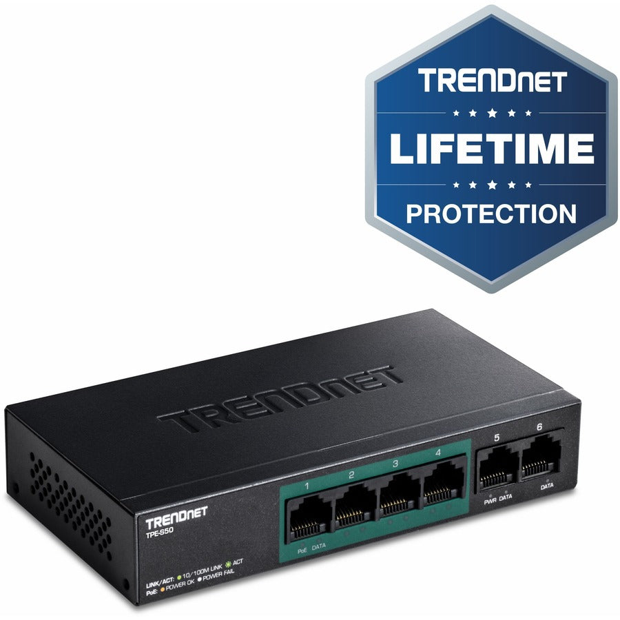 TRENDnet 6-Port Fast Ethernet PoE+ Switch, 4 x Fast Ethernet PoE Ports, 2 x Fast Ethernet Ports, 60W PoE Budget, 1.2 Gbps Switch Capacity, Metal, Lifetime Protection, Black, TPE-S50 TPE-S50