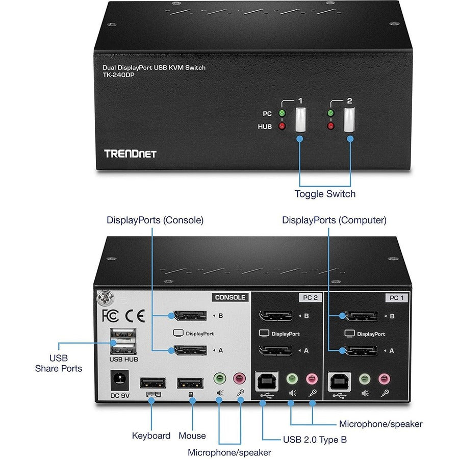 TRENDnet 2-Port Dual Monitor DisplayPort KVM Switch With Audio, 2-Port USB 2.0 Hub, 4K UHD Resolutions Up To 3840 x 2160, Connect Two DisplayPort Monitors, Dual Monitor KVM Switch, Black, TK-240DP TK-240DP