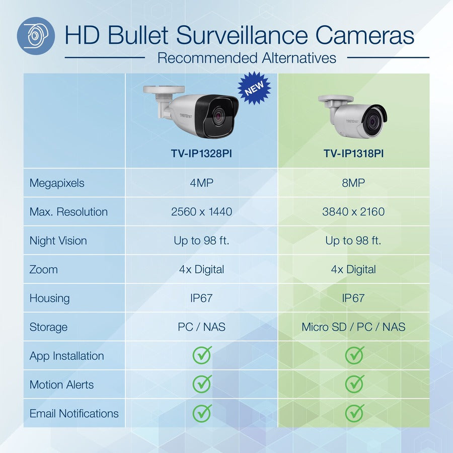 TRENDnet Caméra réseau Bullet intérieure/extérieure 8 MP 4K H.265 120 dB WDR PoE, TV-IP1318PI, boîtier résistant aux intempéries IP67, vision nocturne IR SmartCovert jusqu'à 30 m (98 pieds), emplacement pour carte microSD TV-IP1318PI