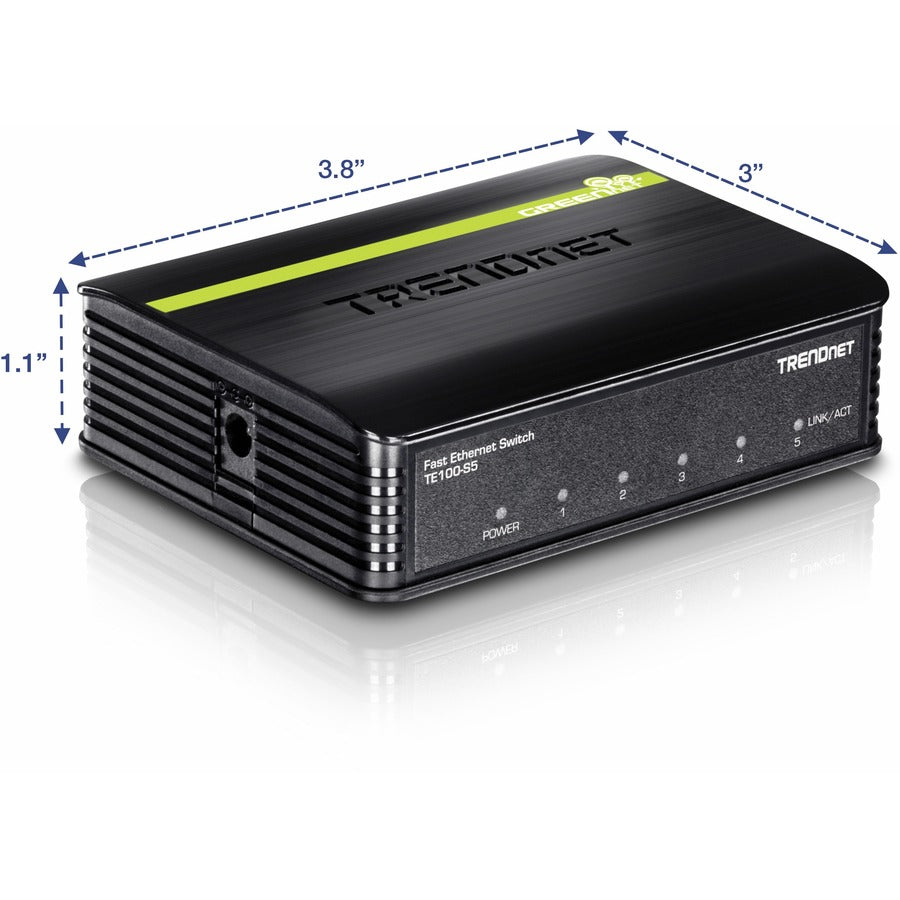 TRENDnet 5-Port Unmanaged 10/100 Mbps GREENnet Ethernet Desktop Plastic Housing Switch; 5 x 10/100 Mbps Ports; 1Gbps Switching Capacity; TE100-S5 TE100-S5