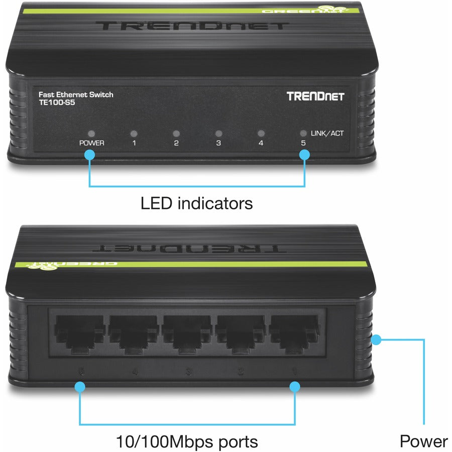 TRENDnet 5-Port Unmanaged 10/100 Mbps GREENnet Ethernet Desktop Plastic Housing Switch; 5 x 10/100 Mbps Ports; 1Gbps Switching Capacity; TE100-S5 TE100-S5