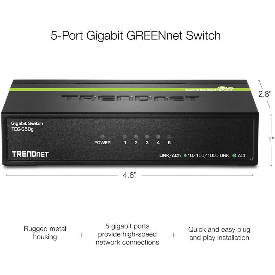 TRENDnet 5-Port Unmanaged Gigabit GREENnet Desktop Metal Switch, Ethernet-Network Switch, 5 x Gigabit Ports, Fanless, 10 Gbps Switching Fabric, Lifetime Protection, Black, TEG-S50g TEG-S50G