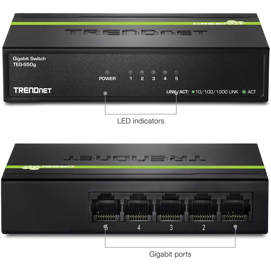 TRENDnet 5-Port Unmanaged Gigabit GREENnet Desktop Metal Switch, Ethernet-Network Switch, 5 x Gigabit Ports, Fanless, 10 Gbps Switching Fabric, Lifetime Protection, Black, TEG-S50g TEG-S50G