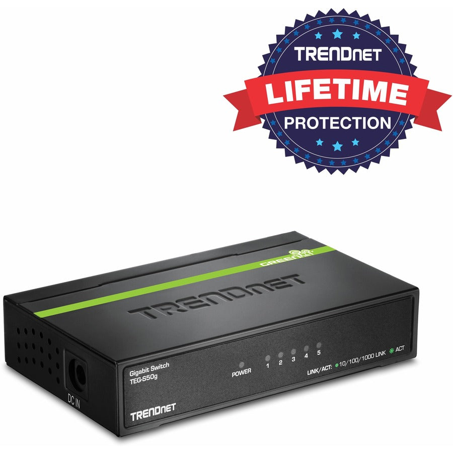 TRENDnet 5-Port Unmanaged Gigabit GREENnet Desktop Metal Switch, Ethernet-Network Switch, 5 x Gigabit Ports, Fanless, 10 Gbps Switching Fabric, Lifetime Protection, Black, TEG-S50g TEG-S50G