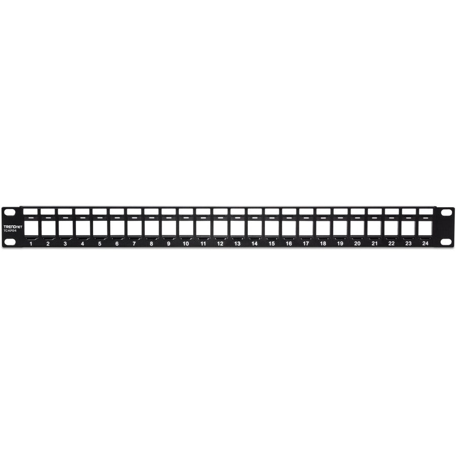 TRENDnet 24-Port Blank Keystone 1U Patch Panel, 1U 19" Metal Rackmount Housing, Recommended With TC-K25C6 & TC-K50C6 Cat6 Keystone Jacks (Sold Separately), Black, TC-KP24 TC-KP24