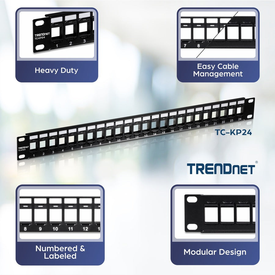 TRENDnet 24-Port Blank Keystone 1U Patch Panel, 1U 19" Metal Rackmount Housing, Recommended With TC-K25C6 & TC-K50C6 Cat6 Keystone Jacks (Sold Separately), Black, TC-KP24 TC-KP24