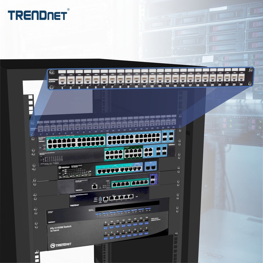 TRENDnet 24-Port Blank Keystone 1U Patch Panel, 1U 19" Metal Rackmount Housing, Recommended With TC-K25C6 & TC-K50C6 Cat6 Keystone Jacks (Sold Separately), Black, TC-KP24 TC-KP24