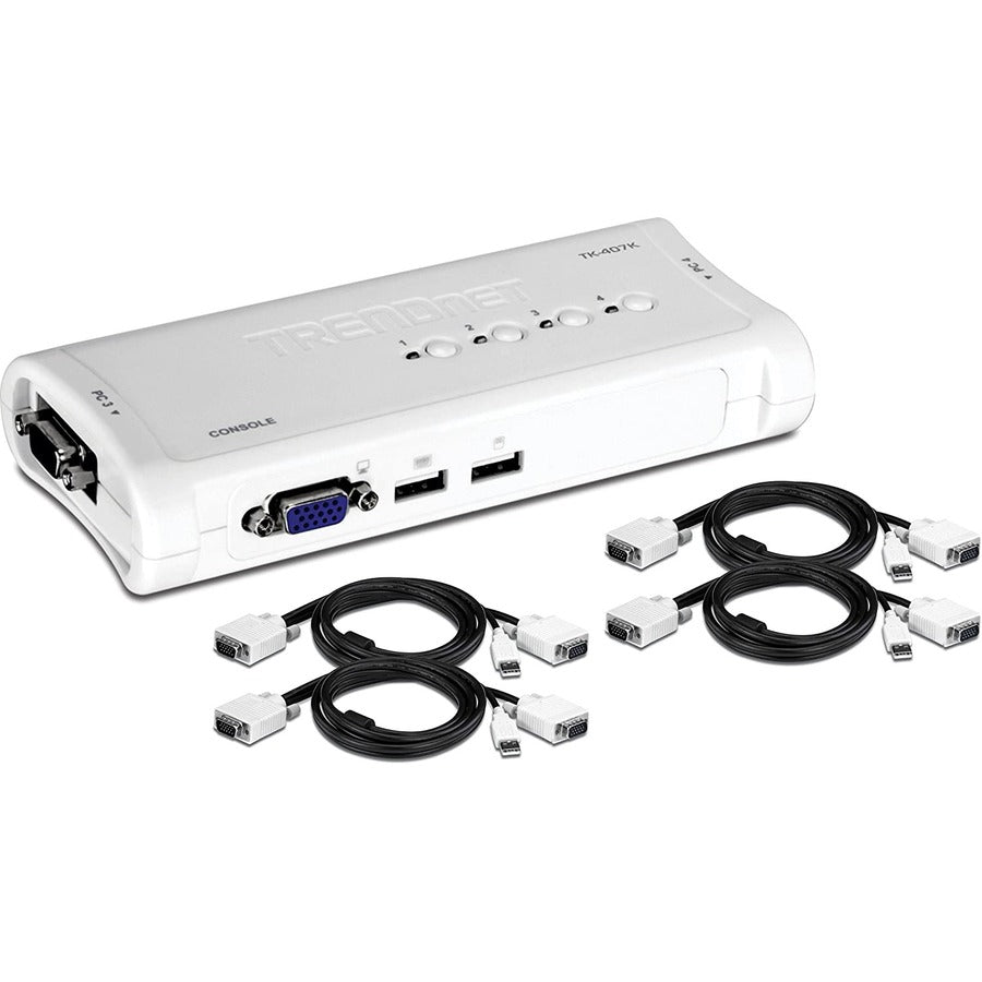 TRENDnet 4-Port USB KVM Switch Kit, VGA And USB Connections, 2048 x 1536 Resolution, Cabling Included, Control Up To 4 Computers, Compliant With Window, Linux, and Mac OS, White, TK-407K TK-407K