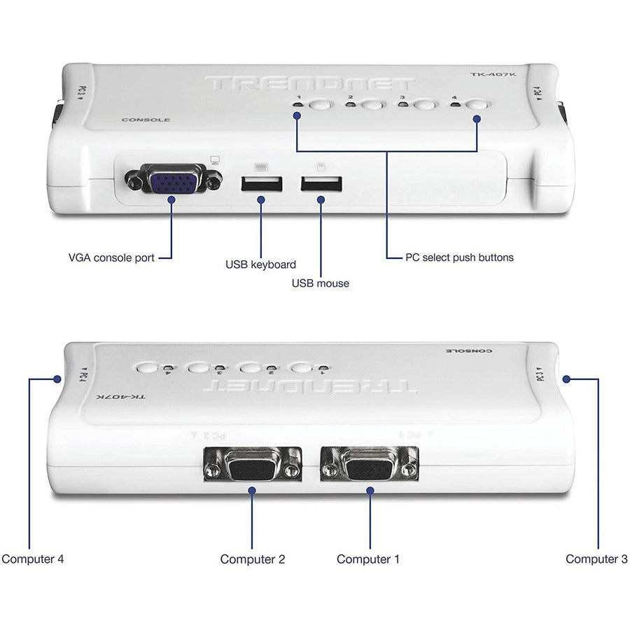 TRENDnet Kit de commutateur KVM USB 4 ports, connexions VGA et USB, résolution 2048 x 1536, câblage inclus, contrôle jusqu'à 4 ordinateurs, compatible Windows, Linux et Mac OS, blanc, TK-407K TK-407K