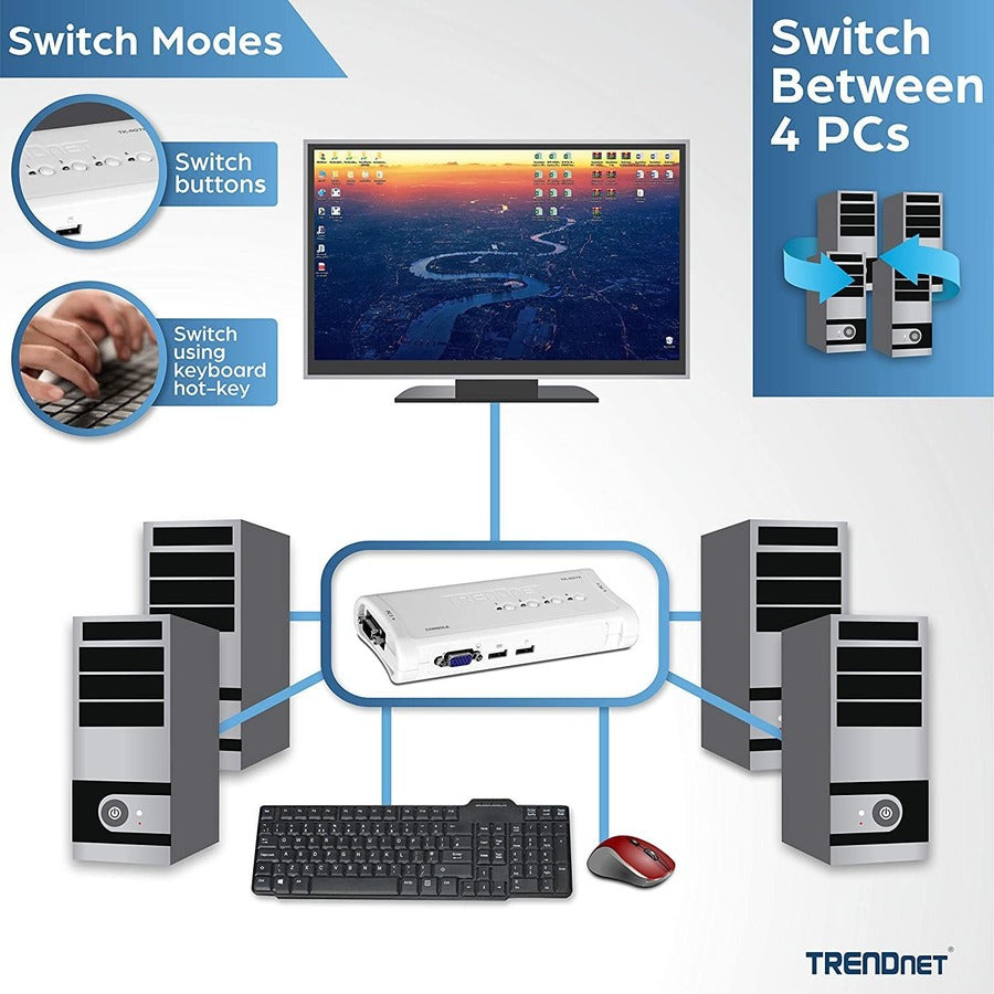 TRENDnet Kit de commutateur KVM USB 4 ports, connexions VGA et USB, résolution 2048 x 1536, câblage inclus, contrôle jusqu'à 4 ordinateurs, compatible Windows, Linux et Mac OS, blanc, TK-407K TK-407K