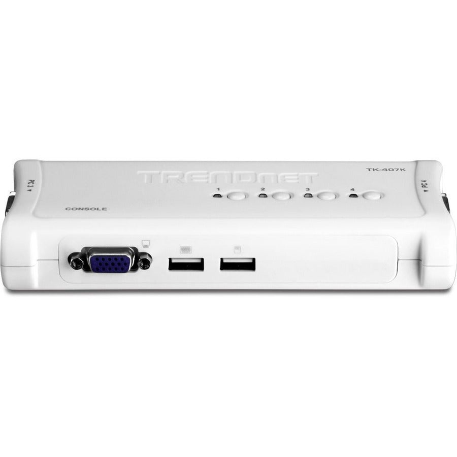 TRENDnet Kit de commutateur KVM USB 4 ports, connexions VGA et USB, résolution 2048 x 1536, câblage inclus, contrôle jusqu'à 4 ordinateurs, compatible Windows, Linux et Mac OS, blanc, TK-407K TK-407K