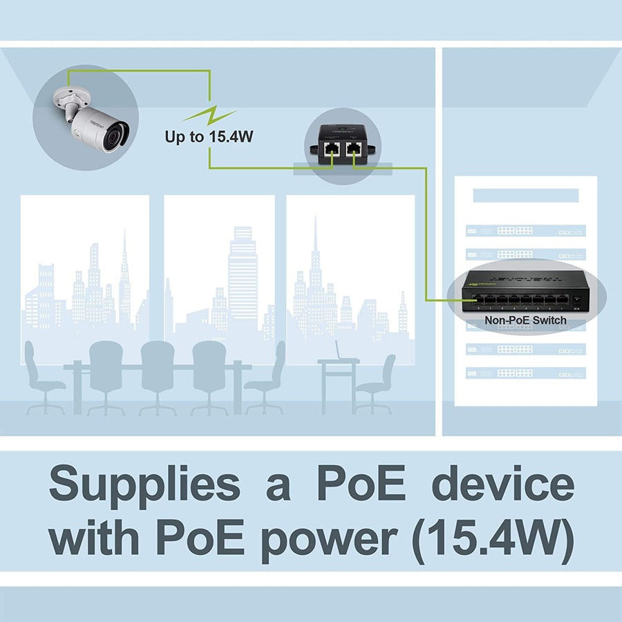 TRENDnet Injecteur Gigabit Power Over Ethernet, vitesses Gigabit duplex intégral, 1 x port Ethernet Gigabit, 1 x port Ethernet PoE Gigabit, périphériques réseau jusqu'à 100 M (328 pieds), 15,4 W, noir, TPE-113GI TPE-113GI