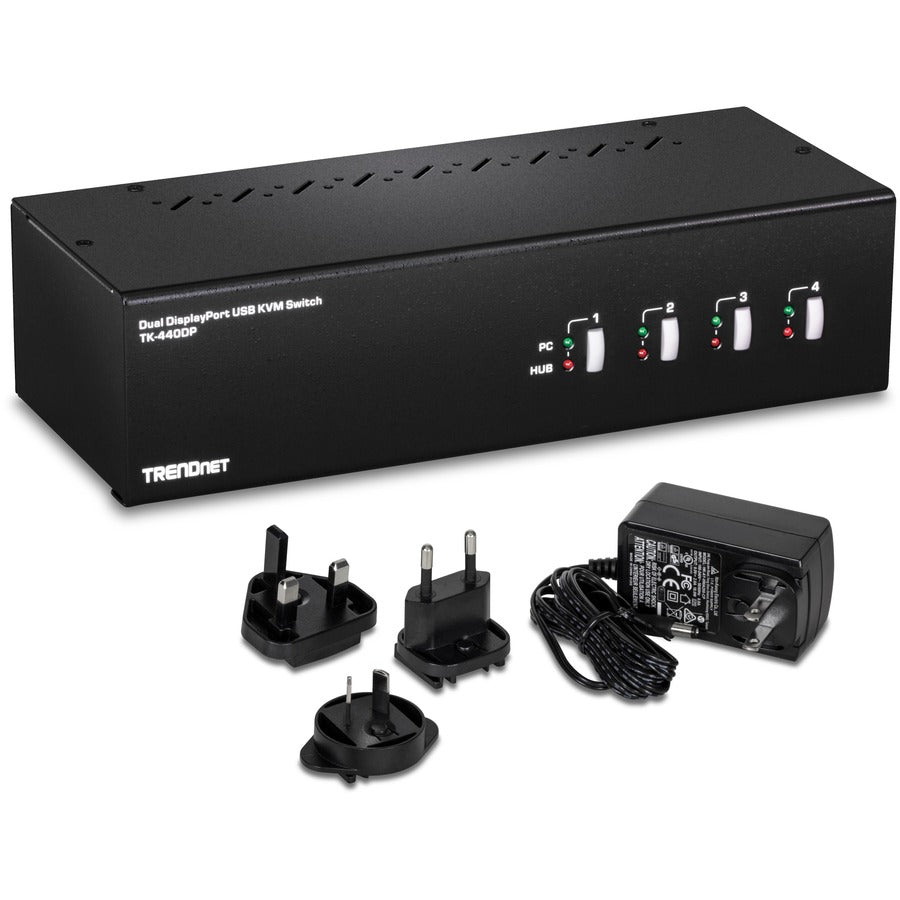 TRENDnet 4-Port Dual Monitor DisplayPort KVM Switch With Audio, 2-Port USB 2.0 Hub, 4K UHD Resolution Up To 3840 x 2160, Connect 4 DisplayPort Monitors, Dual Monitor 4 Port KVM Switch, Black, TK-440DP TK-440DP