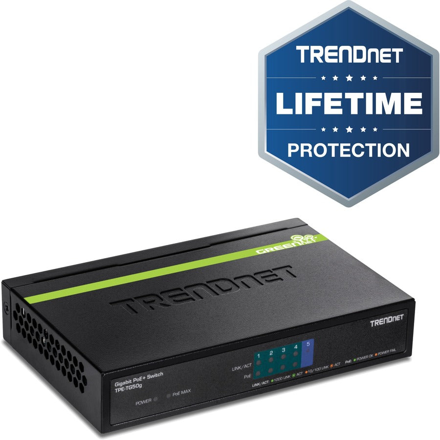 Commutateur PoE+ Gigabit 5 ports TRENDnet, budget PoE 31 W, capacité de commutation 10 Gbit/s, données et alimentation via Ethernet vers points d'accès PoE et caméras IP, duplex intégral et semi-duplex, noir, TPE-TG50g TPE-TG50g