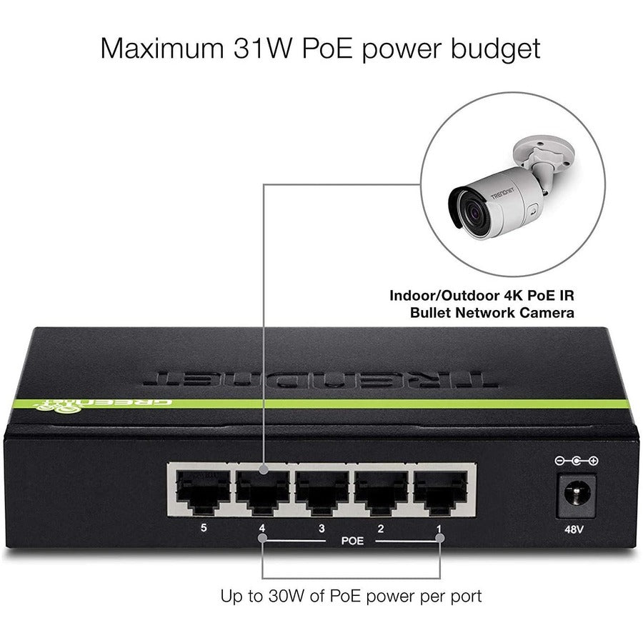 TRENDnet 5-Port Gigabit PoE+ Switch, 31 W PoE Budget, 10 Gbps Switching Capacity, Data & Power Through Ethernet To PoE Access Points And IP Cameras, Full & Half Duplex, Black, TPE-TG50g TPE-TG50g