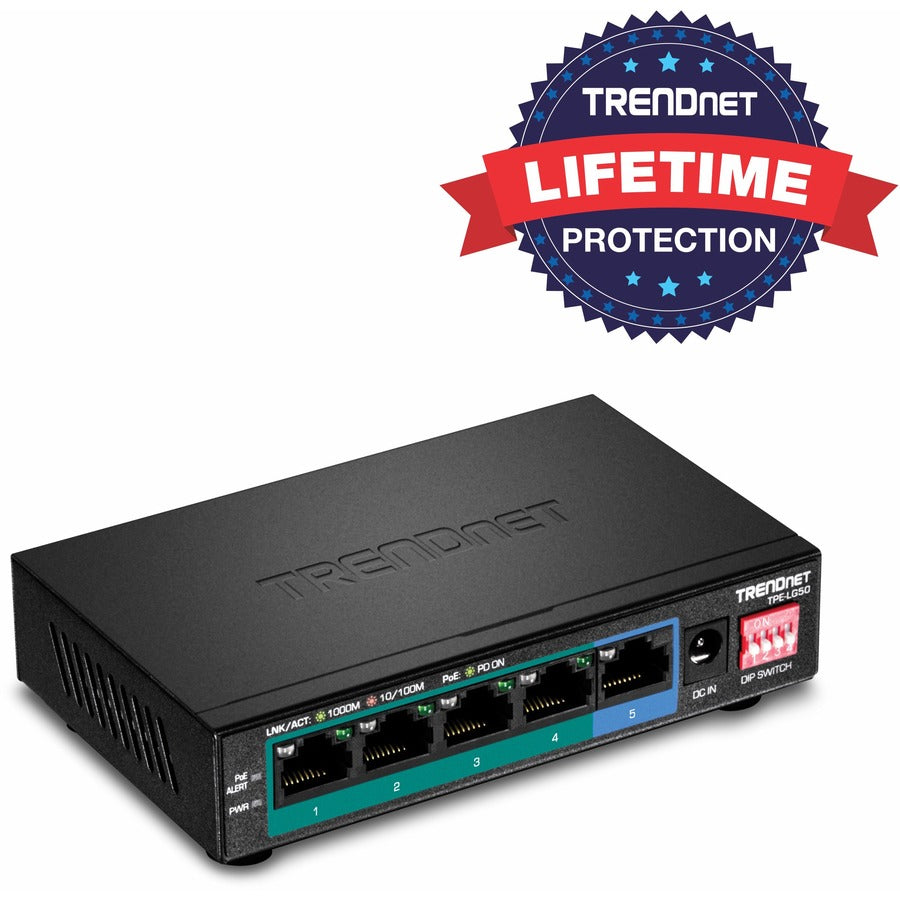 TRENDnet Switch PoE+ Gigabit longue portée 5 ports, 4 ports Gigabit PoE+, 1 x port Gigabit, budget PoE 32 W, capacité de commutation 10 Gbit/s, étend PoE+ 200 m (656 pieds), protection à vie, noir, TPE-LG50 TPE-LG50