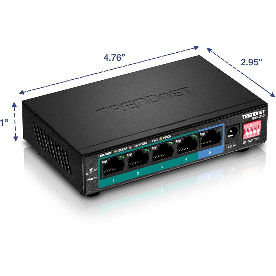 TRENDnet Switch PoE+ Gigabit longue portée 5 ports, 4 ports Gigabit PoE+, 1 x port Gigabit, budget PoE 32 W, capacité de commutation 10 Gbit/s, étend PoE+ 200 m (656 pieds), protection à vie, noir, TPE-LG50 TPE-LG50