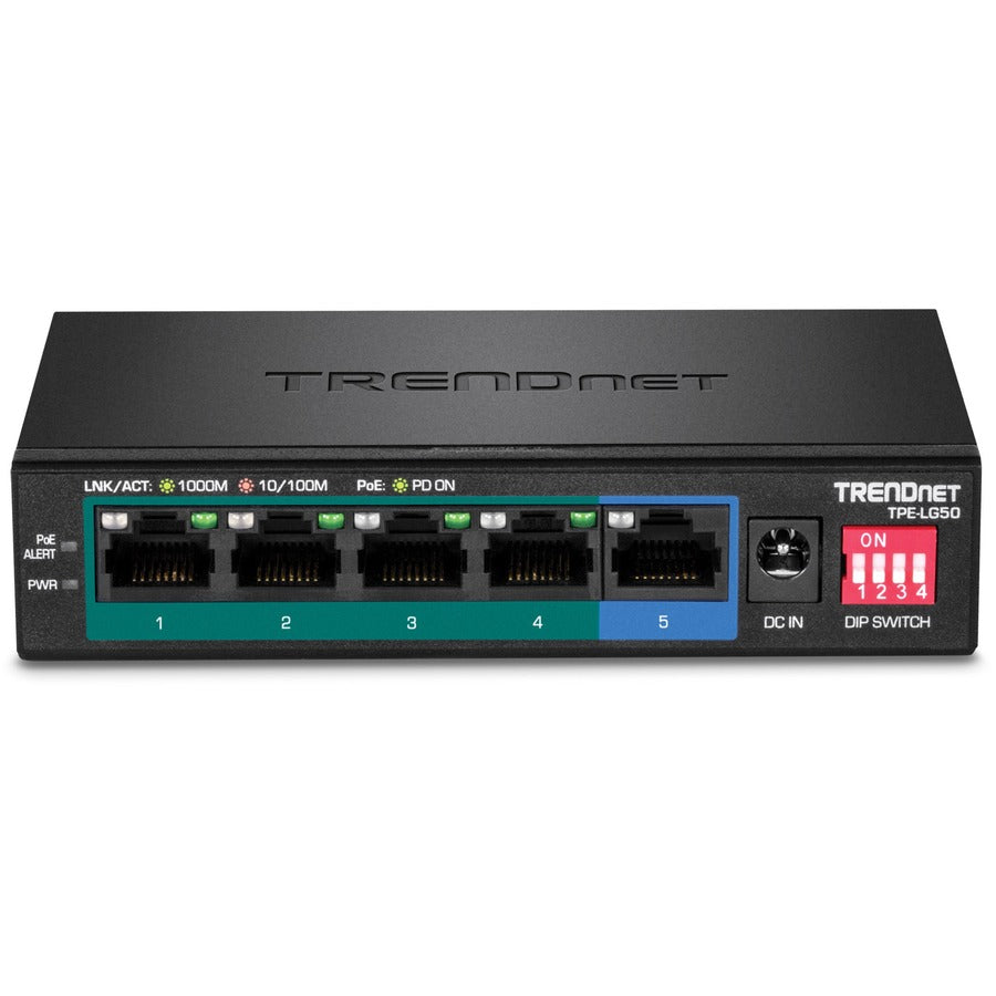 TRENDnet Switch PoE+ Gigabit longue portée 5 ports, 4 ports Gigabit PoE+, 1 x port Gigabit, budget PoE 32 W, capacité de commutation 10 Gbit/s, étend PoE+ 200 m (656 pieds), protection à vie, noir, TPE-LG50 TPE-LG50