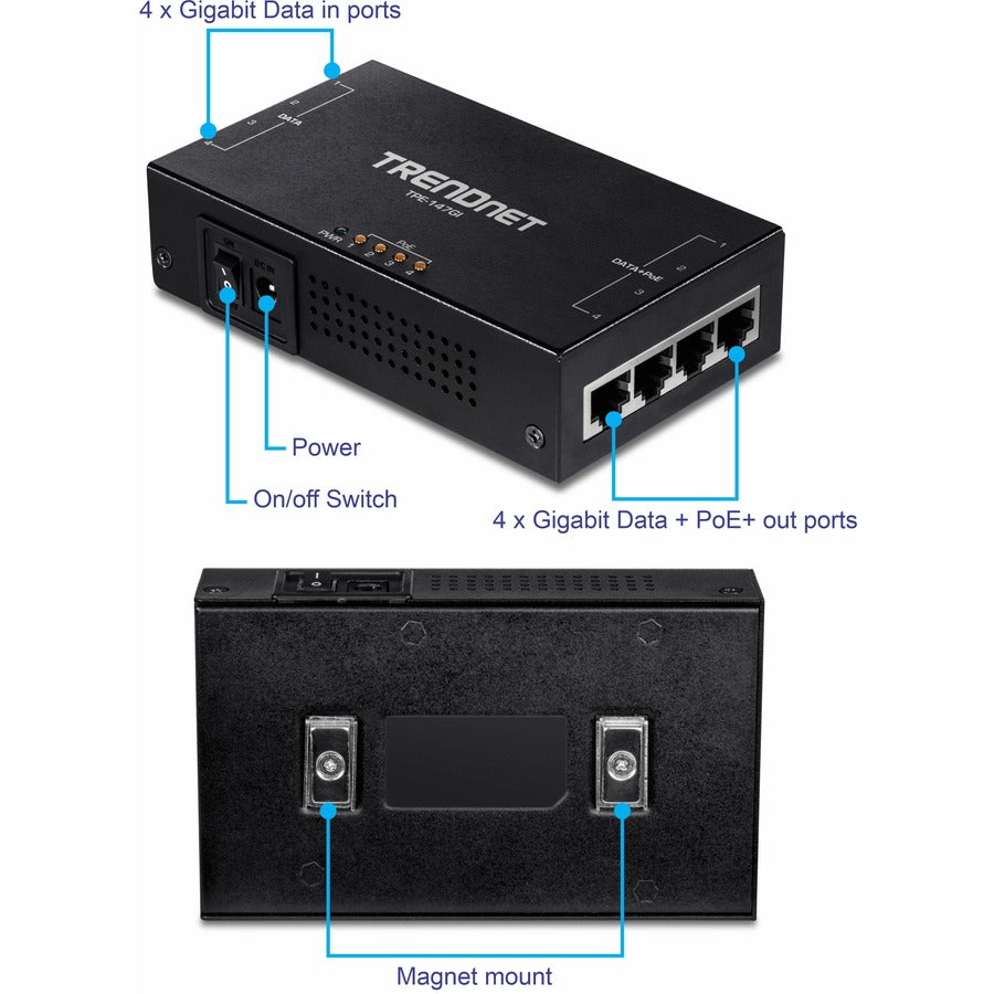 TRENDnet 65W 4-Port Gigabit PoE+ Injector, TPE-147GI, 4 x Gigabit Ports(Data in), 4 x gigabit PoE Ports(Data + PoE Out), Multi-Port PoE+ Injector up to 100m(328 ft.), Add PoE+ Power to Non-PoE Switch TPE-147GI