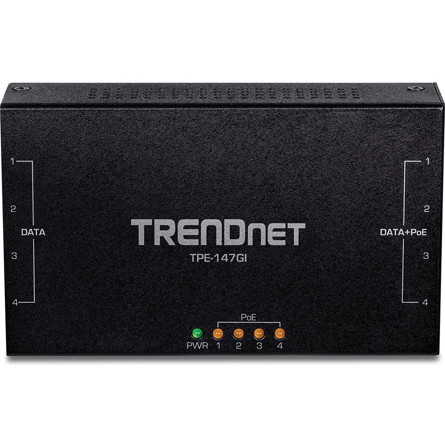 TRENDnet 65W 4-Port Gigabit PoE+ Injector, TPE-147GI, 4 x Gigabit Ports(Data in), 4 x gigabit PoE Ports(Data + PoE Out), Multi-Port PoE+ Injector up to 100m(328 ft.), Add PoE+ Power to Non-PoE Switch TPE-147GI