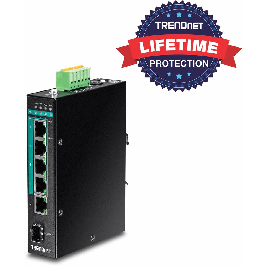 TRENDnet Commutateur industriel Gigabit PoE+ DIN-Rail renforcé à 5 ports, budget d'alimentation de 120 W, 1 x emplacement SFP, indice IP30, commutateur non géré, commutateur réseau Gigabit PoE+, protection à vie, noir, TI-PG541 TI-PG541