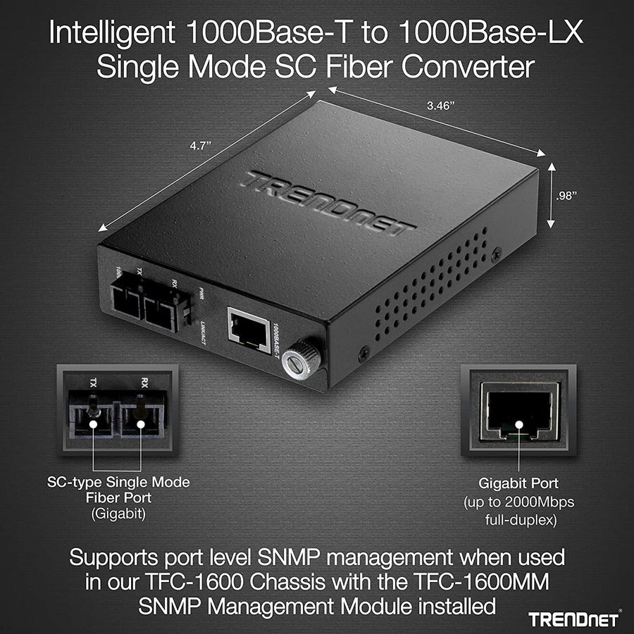 TRENDnet Intelligent 1000Base-T to 1000Base-LX/SX Single Mode SC Fiber Media Converter (20KM; 12.4Miles); Fiber to Ethernet Converter; SC Type Fiber Port; RJ-45;Lifetime Protection; TFC-1000S20 TFC-1000S20