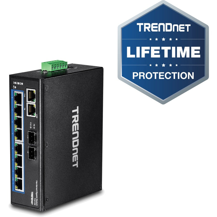 TRENDnet 10-Port Hardened Industrial Gigabit DIN-Rail Switch, 20Gbps Switching Capacity, DIN-Rail And Wall Mounts Included, Dual Redundant, Two RJ-45/SFP Ports, Lifetime Protection, Black, TI-G102 TI-G102