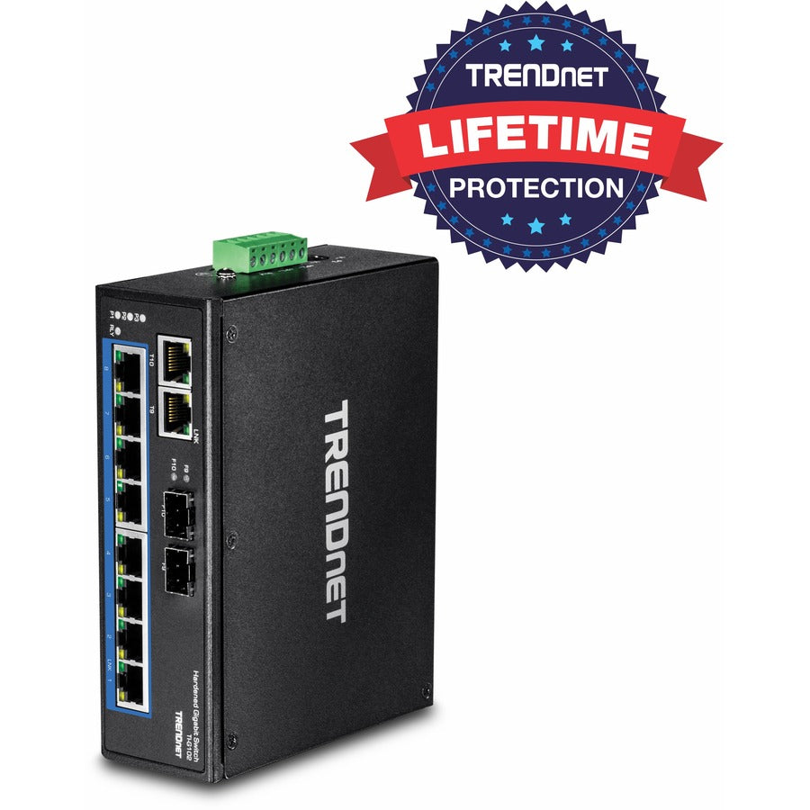 TRENDnet Commutateur Gigabit industriel renforcé sur rail DIN à 10 ports, capacité de commutation de 20 Gbit/s, rail DIN et supports muraux inclus, double redondance, deux ports RJ-45/SFP, protection à vie, noir, TI-G102 TI-G102