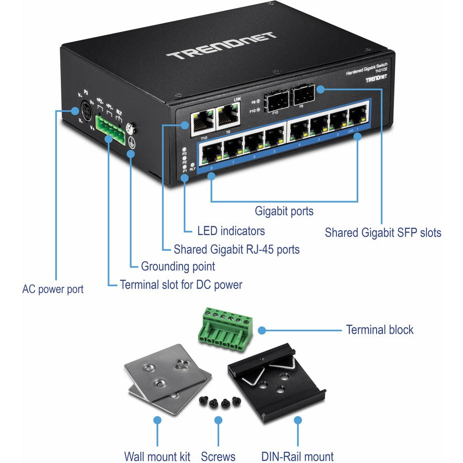 TRENDnet 10-Port Hardened Industrial Gigabit DIN-Rail Switch, 20Gbps Switching Capacity, DIN-Rail And Wall Mounts Included, Dual Redundant, Two RJ-45/SFP Ports, Lifetime Protection, Black, TI-G102 TI-G102