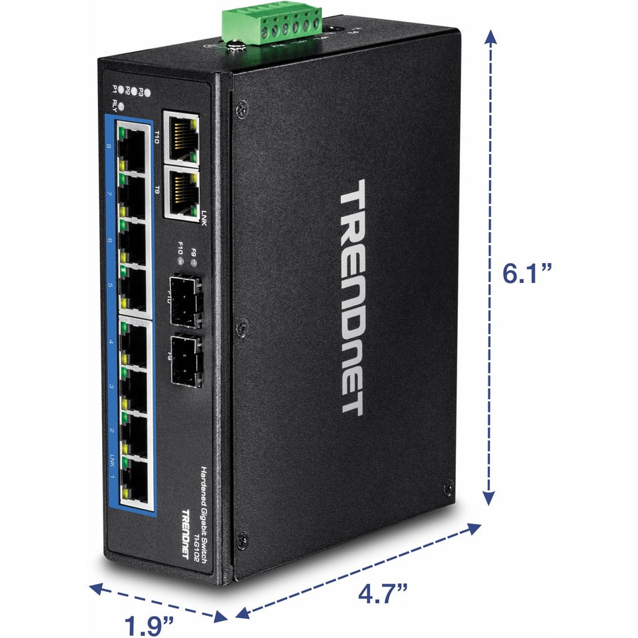 TRENDnet 10-Port Hardened Industrial Gigabit DIN-Rail Switch, 20Gbps Switching Capacity, DIN-Rail And Wall Mounts Included, Dual Redundant, Two RJ-45/SFP Ports, Lifetime Protection, Black, TI-G102 TI-G102