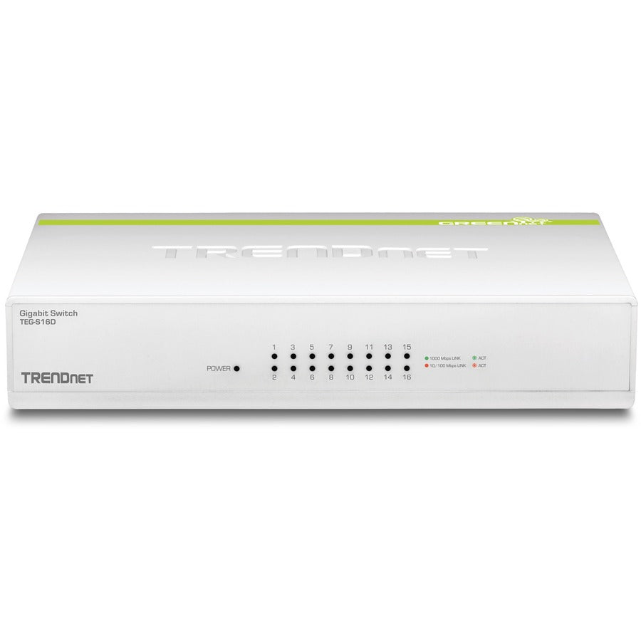 TRENDnet Switch GREENnet Gigabit 16 ports, polycarbonate, priorisation QoS, structure de commutation 32 Gbit/s, sans ventilateur, Plug and Play, commutateur réseau Ethernet, prise en charge des trames Jumbo, blanc, TEG-S16D TEG-S16D