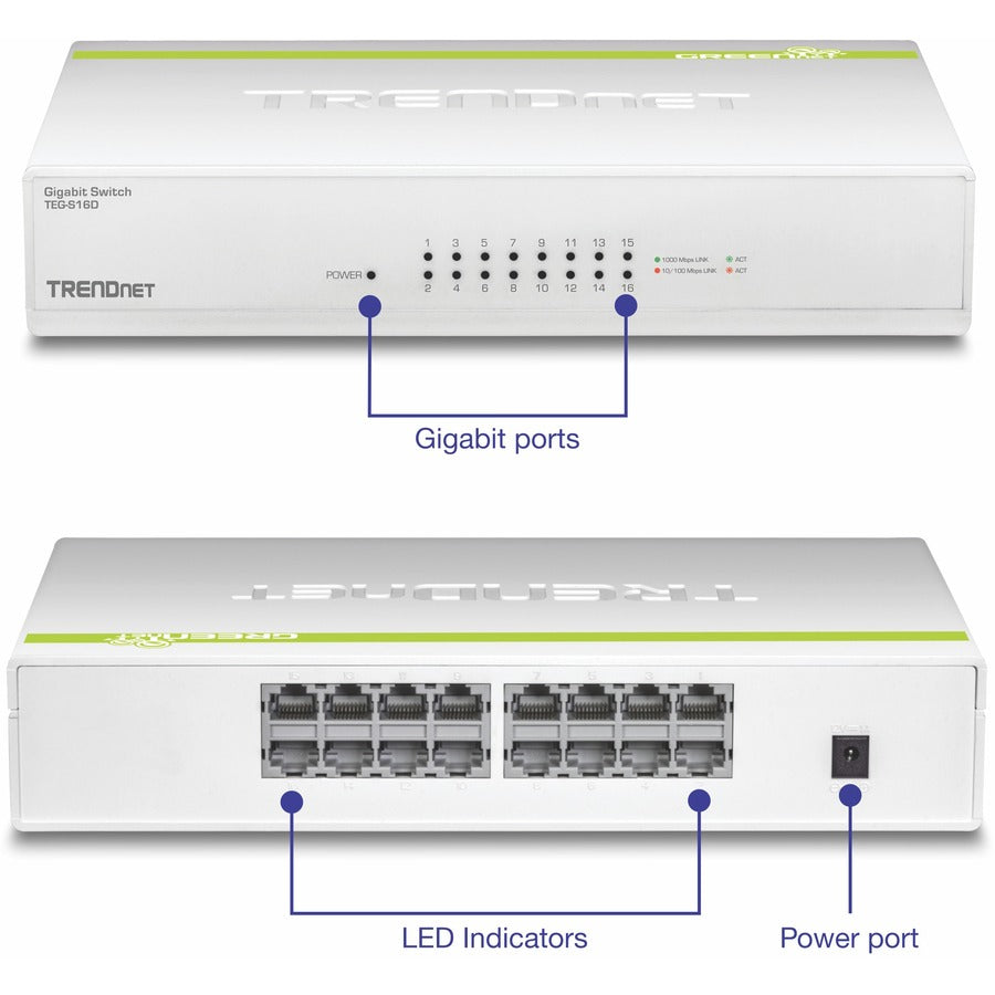 TRENDnet Switch GREENnet Gigabit 16 ports, polycarbonate, priorisation QoS, structure de commutation 32 Gbit/s, sans ventilateur, Plug and Play, commutateur réseau Ethernet, prise en charge des trames Jumbo, blanc, TEG-S16D TEG-S16D