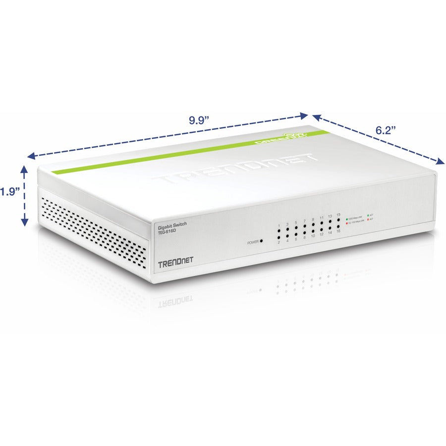 TRENDnet 16-Port Gigabit GREENnet Switch, Polycarbonate, QoS Prioritization, 32 Gbps Switching Fabric, Fanless, Plug and Play, Network Ethernet Switch, Jumbo Frame Support, White, TEG-S16D TEG-S16D