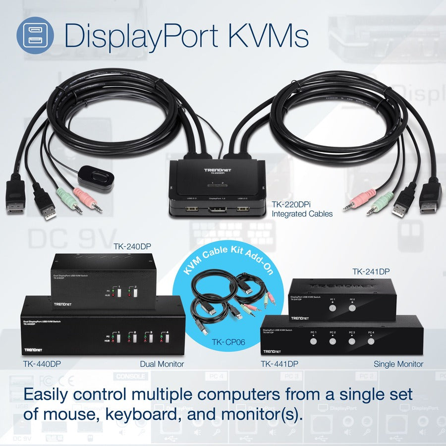 TRENDnet Kit de câbles DisplayPort, USB et audio KVM de 6 pieds TK-CP06