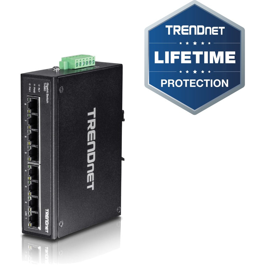 TRENDnet Commutateur Gigabit industriel renforcé sur rail DIN à 8 ports, capacité de commutation de 16 Gbit/s, boîtier métallique classé IP30 (-40 à 167 ?F), rail DIN et supports muraux inclus, protection à vie, noir, TI-G80 TI-G80