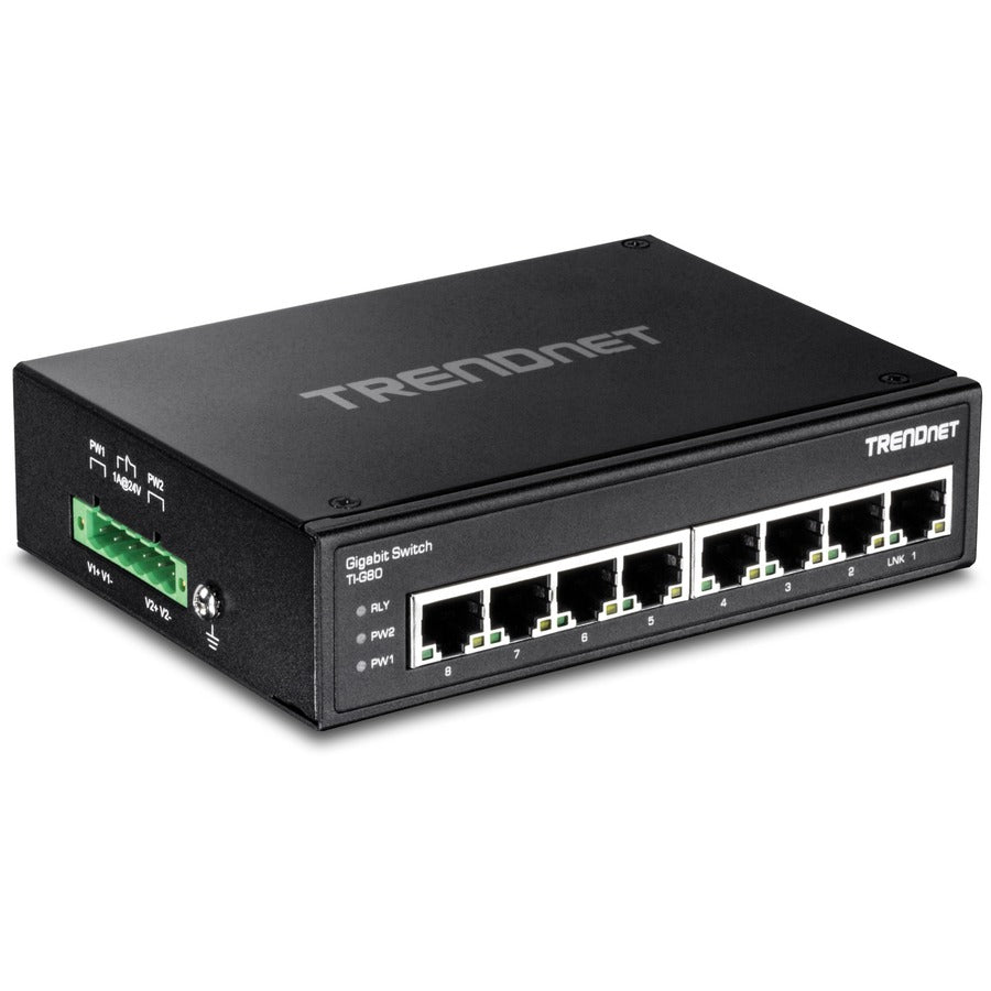 TRENDnet Commutateur Gigabit industriel renforcé sur rail DIN à 8 ports, capacité de commutation de 16 Gbit/s, boîtier métallique classé IP30 (-40 à 167 ?F), rail DIN et supports muraux inclus, protection à vie, noir, TI-G80 TI-G80