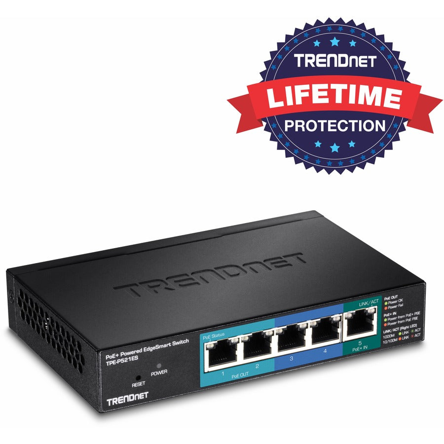 TRENDnet 5-Port Gigabit PoE+ Powered EdgeSmart Switch With PoE Pass Through, 18W PoE Budget, 10Gbps Switching Capacity, Managed Switch, Wall-Mountable, Lifetime Protection, Black, TPE-P521ES TPE-P521ES