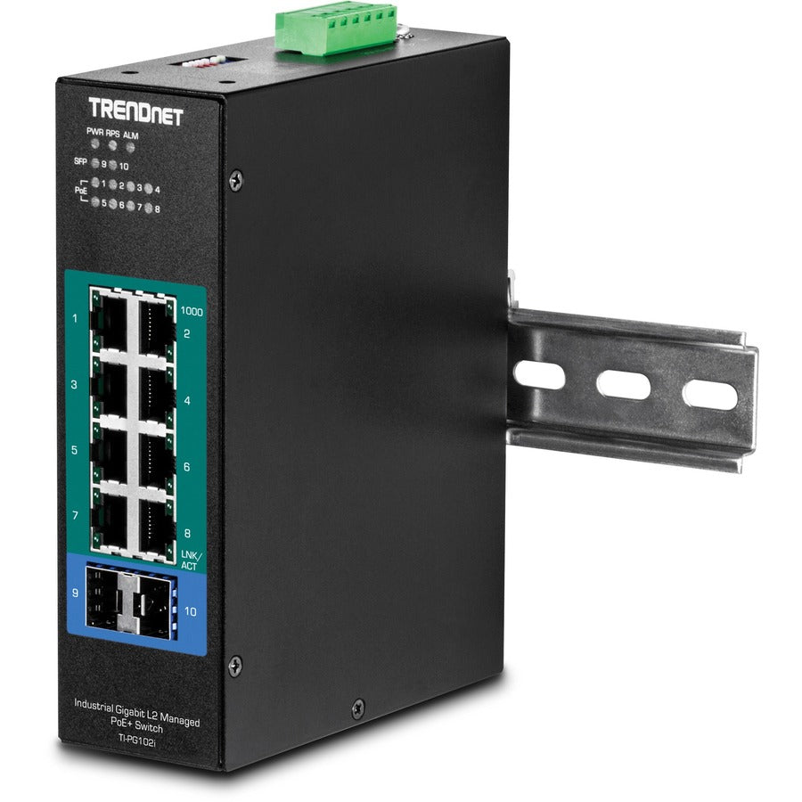 TRENDnet 10-Port Industrial Gigabit L2 Managed PoE+ DIN-Rail Switch, 8 x Gigabit PoE+ Ports, DIN-Rail Mount, 2 x SFP Slots, 24?57V DC Power Input, IP30, VLAN, Lifetime Protection, Black, TI-PG102i TI-PG102I