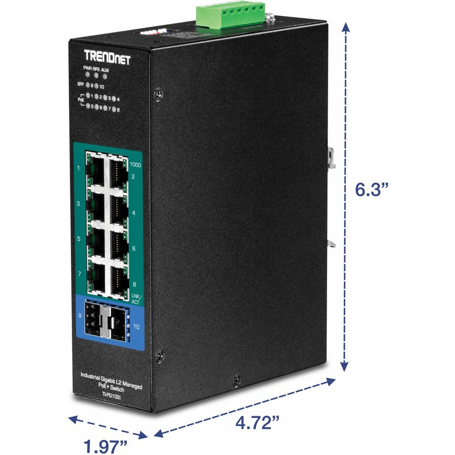 TRENDnet Commutateur industriel Gigabit L2 géré PoE+ sur rail DIN, 10 ports, 8 ports Gigabit PoE+, montage sur rail DIN, 2 emplacements SFP, entrée d'alimentation 24 - 57 V CC, IP30, VLAN, protection à vie, noir, TI-PG102i TI -PG102I