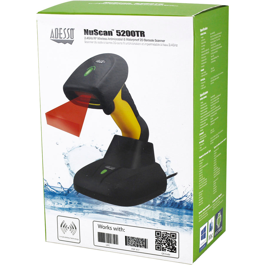 Adesso NuScan 5200TR - 2.4GHz RF Wireless Antimicrobial & Waterproof 2D Barcode Scanner NUSCAN 5200TR