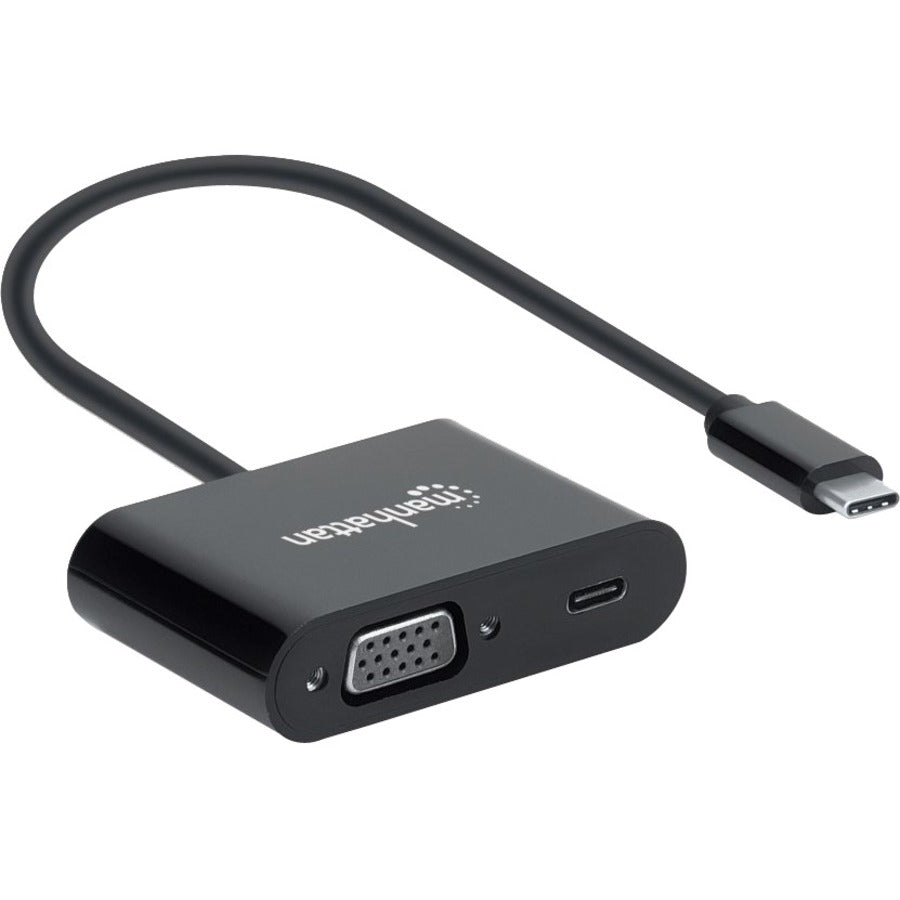 Manhattan USB-C to VGA and USB-C (inc Power Delivery), 1080p@60Hz, 19.5cm, Black, Power Delivery to USB-C Port (60W), Equivalent to Startech CDP2VGAUCP, Male to Female, Lifetime Warranty, Retail Box 153430