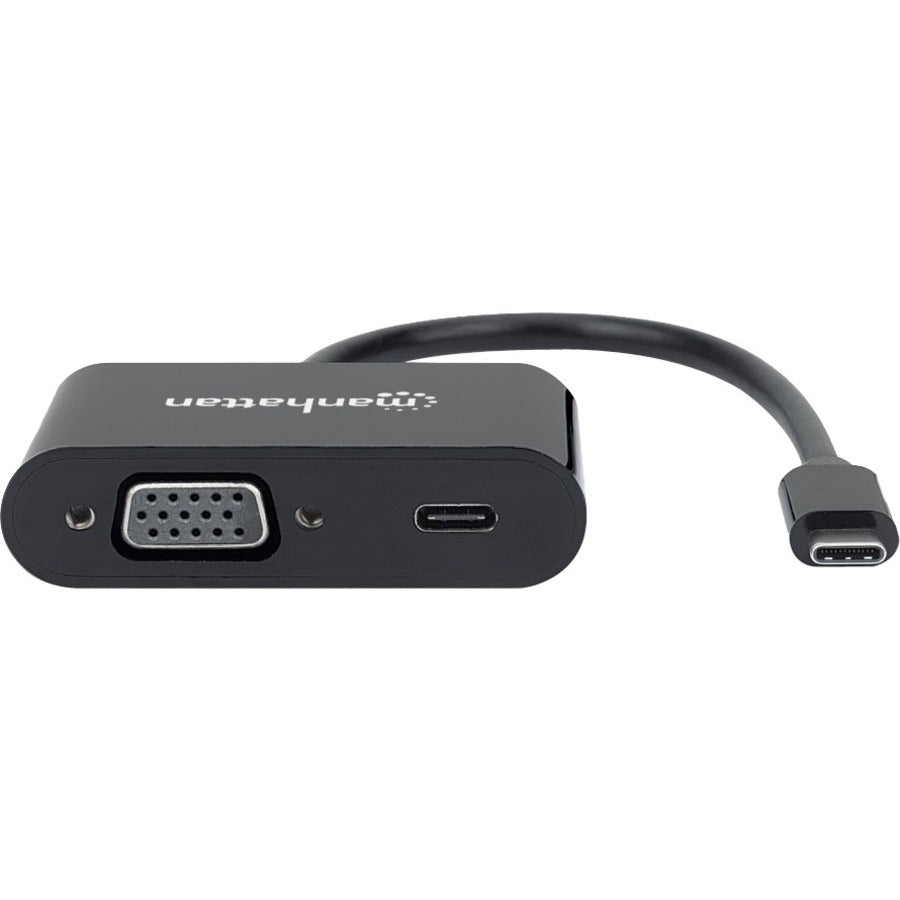 Manhattan USB-C to VGA and USB-C (inc Power Delivery), 1080p@60Hz, 19.5cm, Black, Power Delivery to USB-C Port (60W), Equivalent to Startech CDP2VGAUCP, Male to Female, Lifetime Warranty, Retail Box 153430